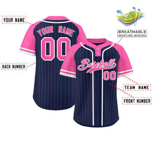 Custom Navy Pink-White Stripe Fashion Raglan Sleeves Authentic Two-Button Baseball Jersey