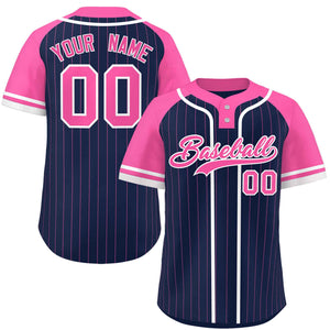 Custom Navy Pink-White Stripe Fashion Raglan Sleeves Authentic Two-Button Baseball Jersey