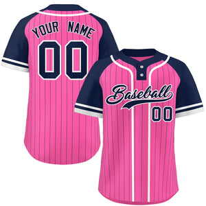 Custom Pink Navy-White Stripe Fashion Raglan Sleeves Authentic Two-Button Baseball Jersey