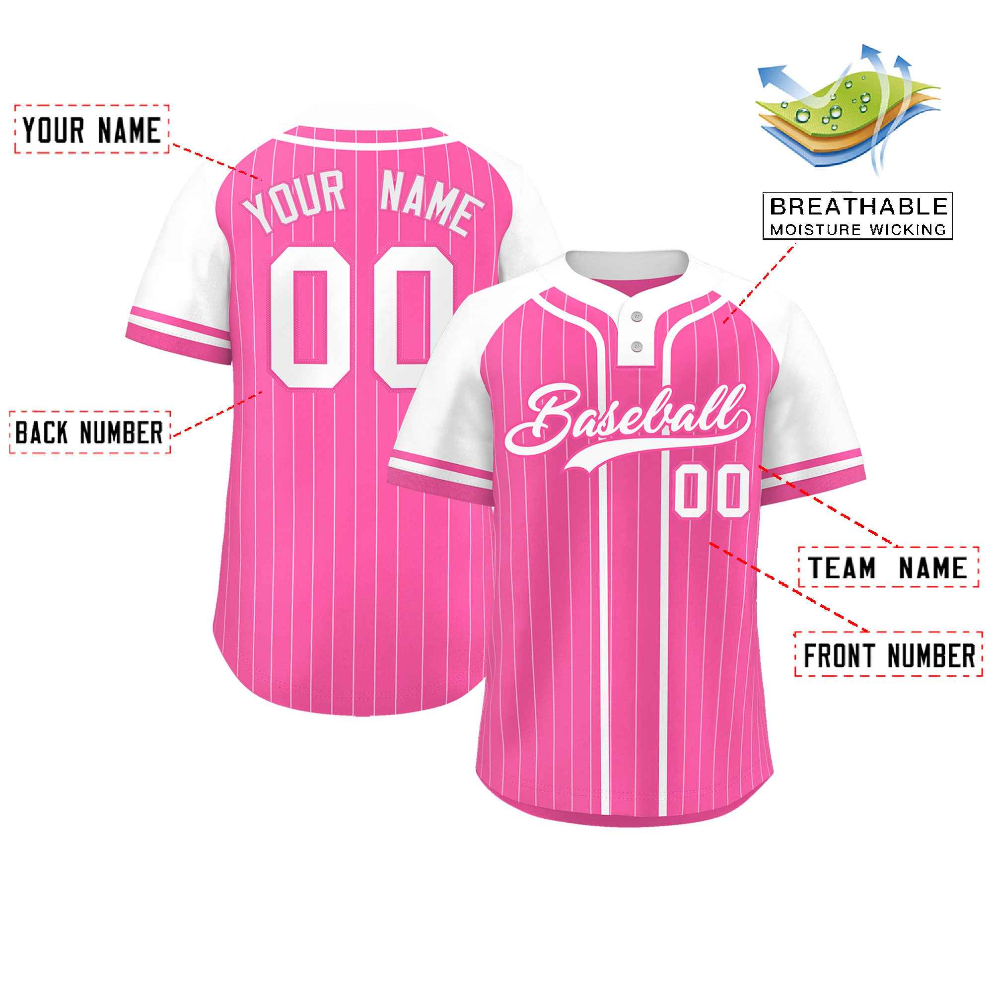 Custom Pink White Stripe Fashion Raglan Sleeves Authentic Two-Button Baseball Jersey