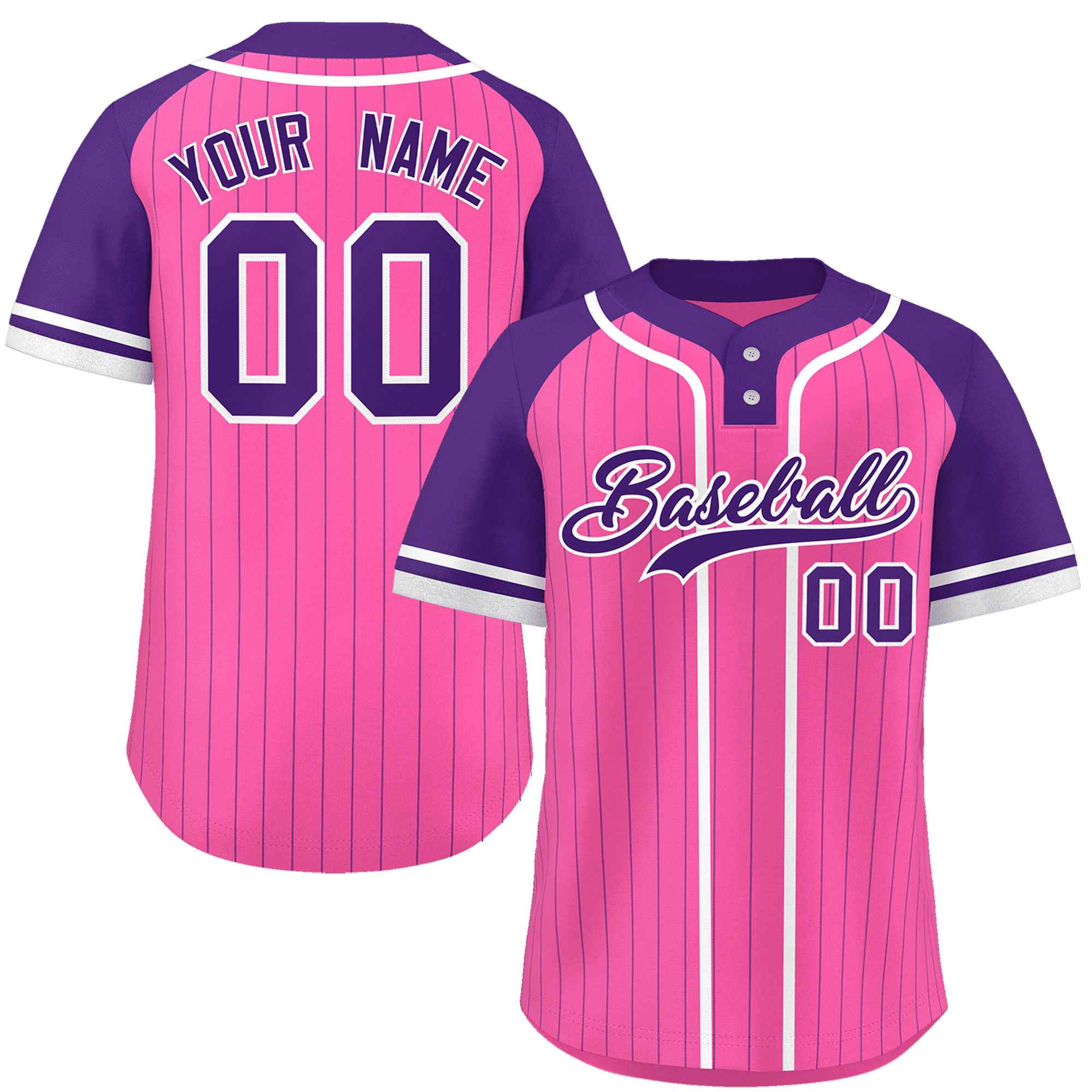 Custom Pink Purple-White Stripe Fashion Raglan Sleeves Authentic Two-Button Baseball Jersey