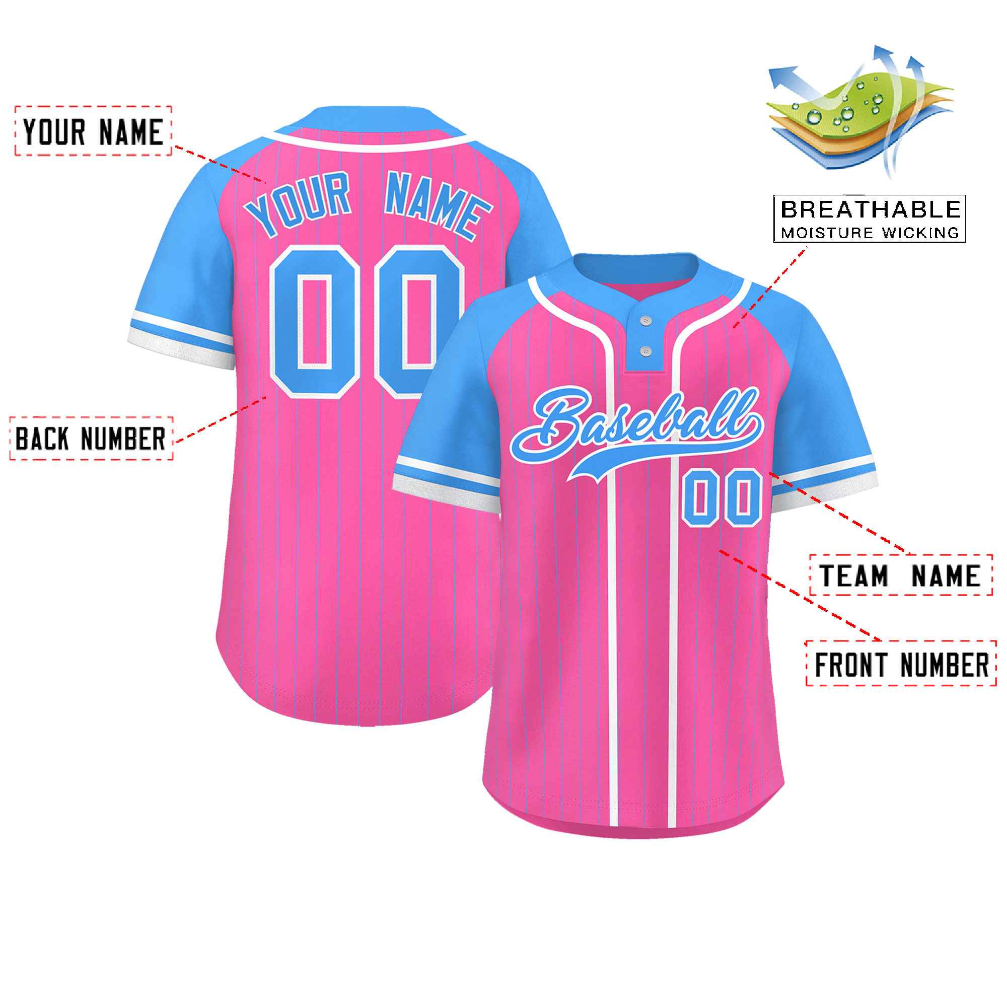 Custom Pink Powder Blue-White Stripe Fashion Raglan Sleeves Authentic Two-Button Baseball Jersey