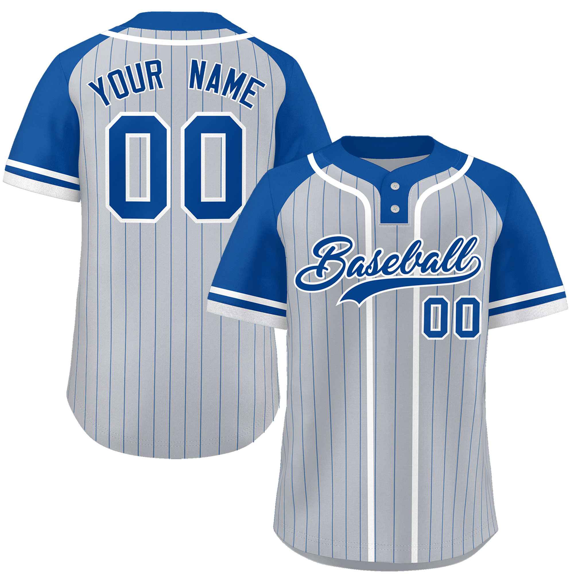 Custom Gray Royal-White Stripe Fashion Raglan Sleeves Authentic Two-Button Baseball Jersey