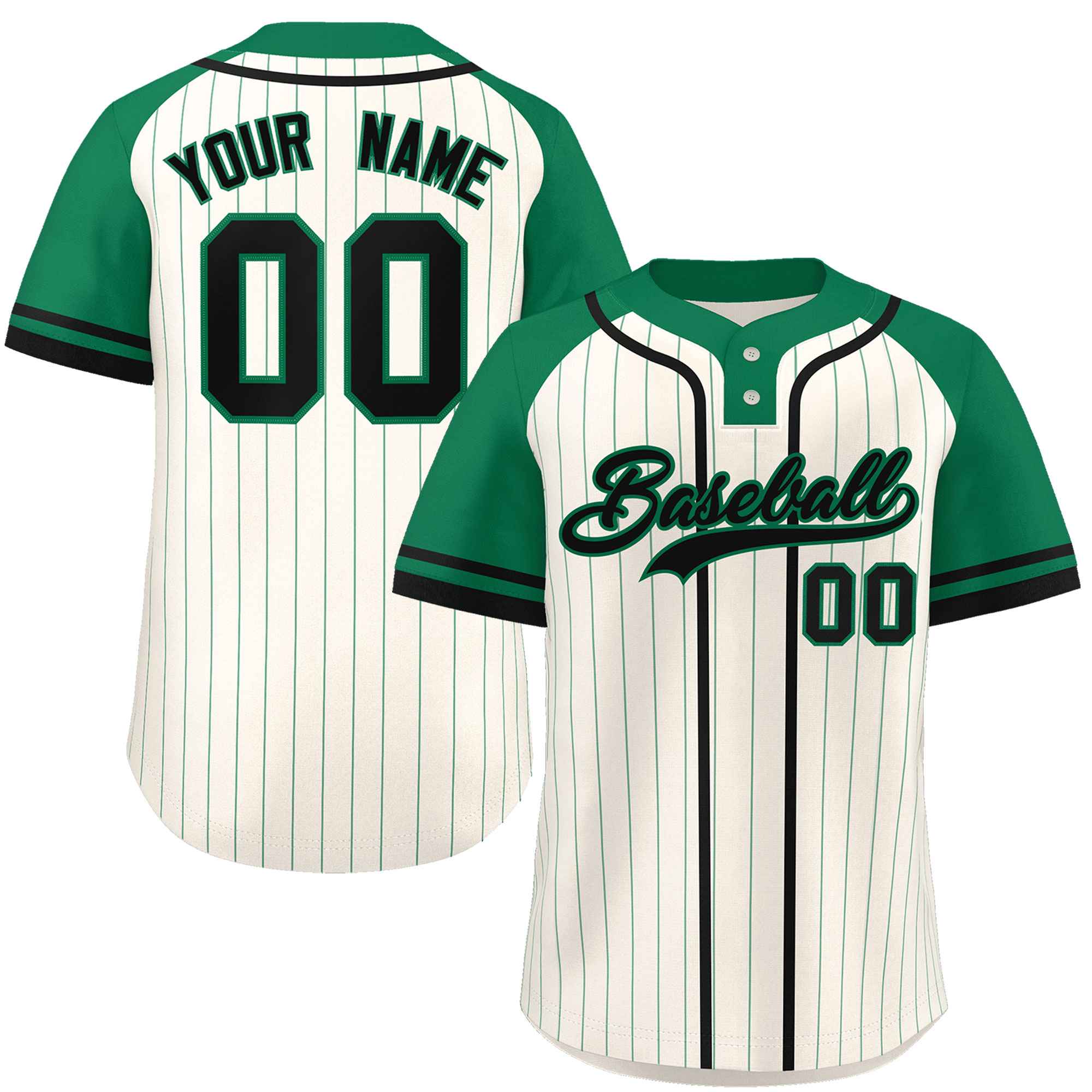 Custom Cream Kelly Green-Black Stripe Fashion Raglan Sleeves Authentic Two-Button Baseball Jersey