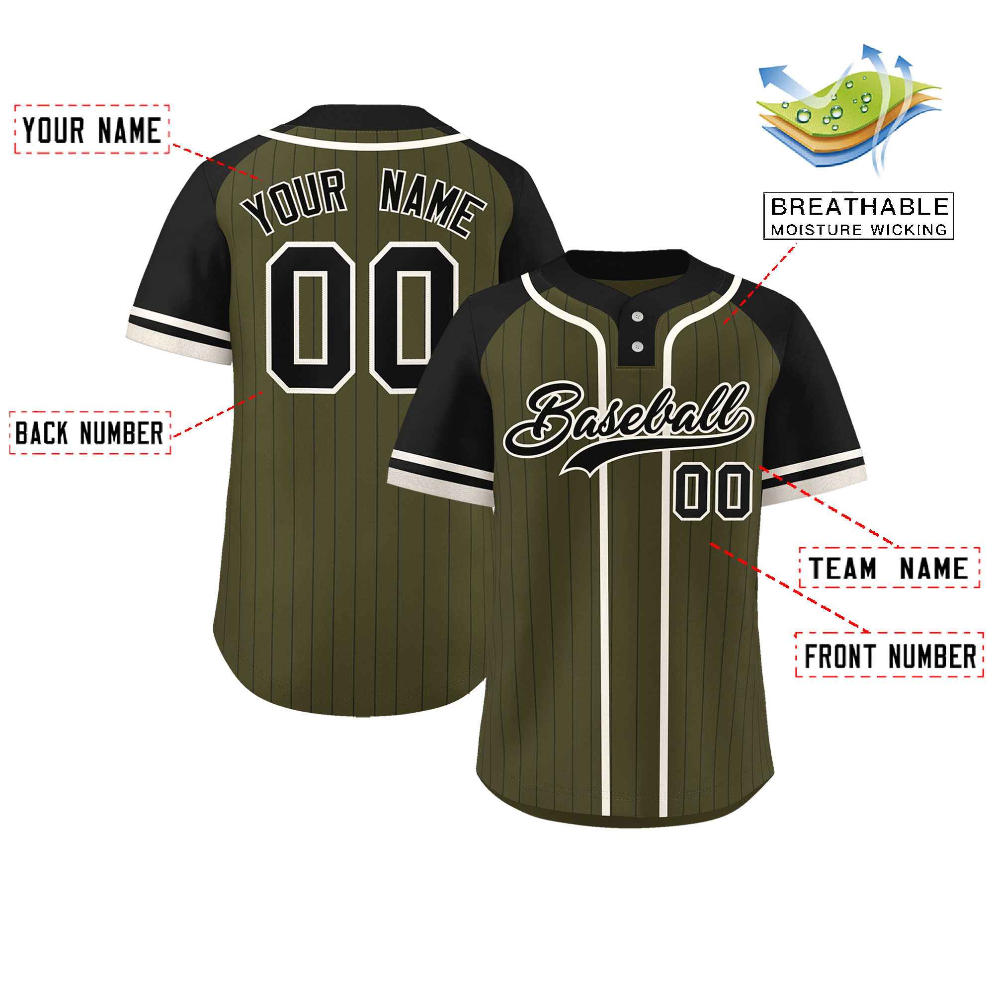 Custom Olive Black-Cream Stripe Fashion Raglan Sleeves Authentic Two-Button Baseball Jersey