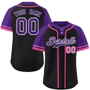 Custom Black Purple-Pink Stripe Fashion Raglan Sleeves Authentic Two-Button Baseball Jersey