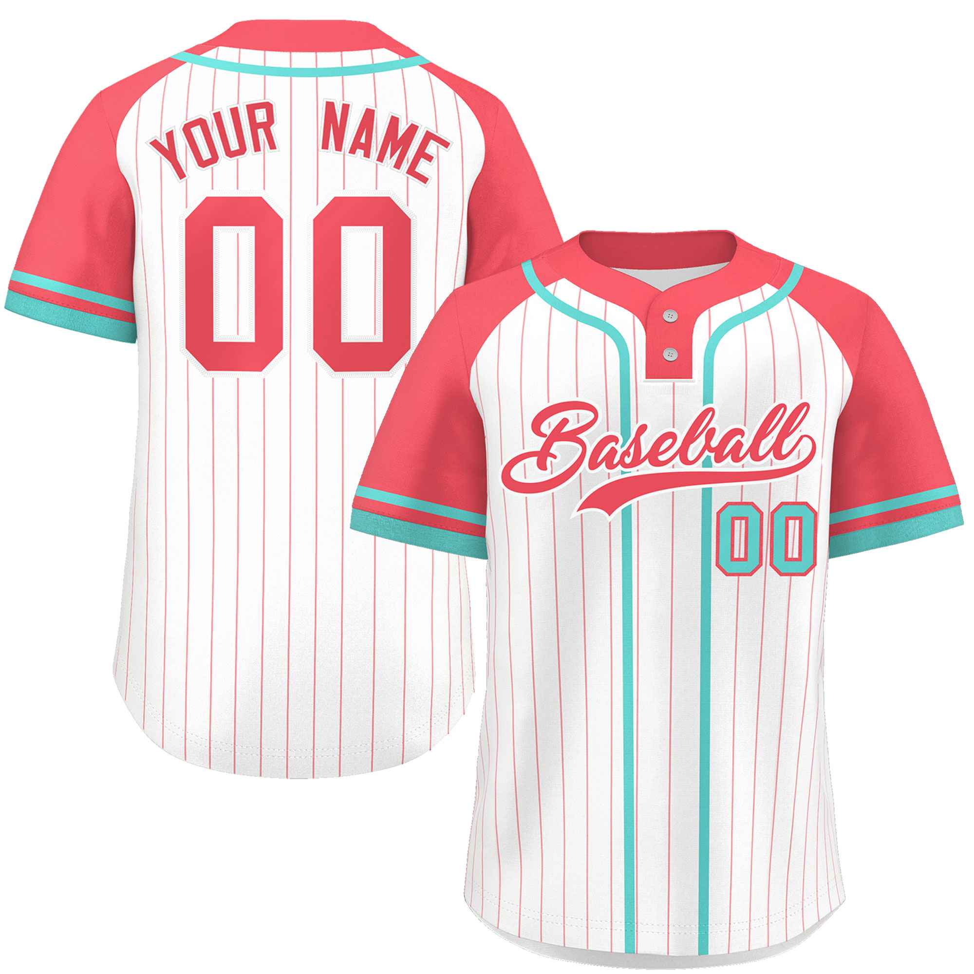 Custom White Light Red-Aqua Stripe Fashion Raglan Sleeves Authentic Two-Button Baseball Jersey