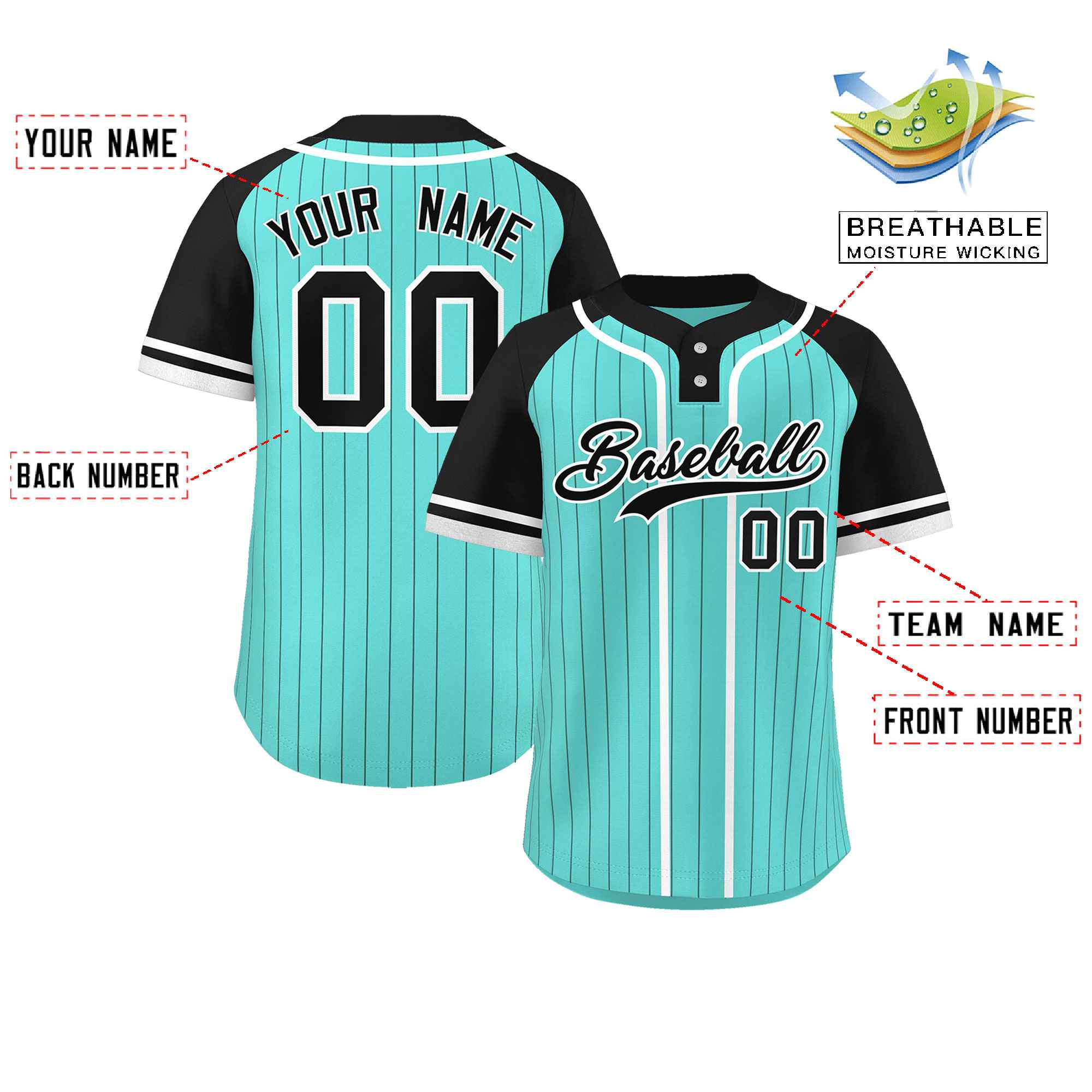 Custom Aqua Black-White Stripe Fashion Raglan Sleeves Authentic Two-Button Baseball Jersey