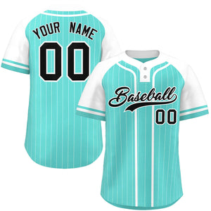 Custom Aqua White Stripe Fashion Raglan Sleeves Authentic Two-Button Baseball Jersey