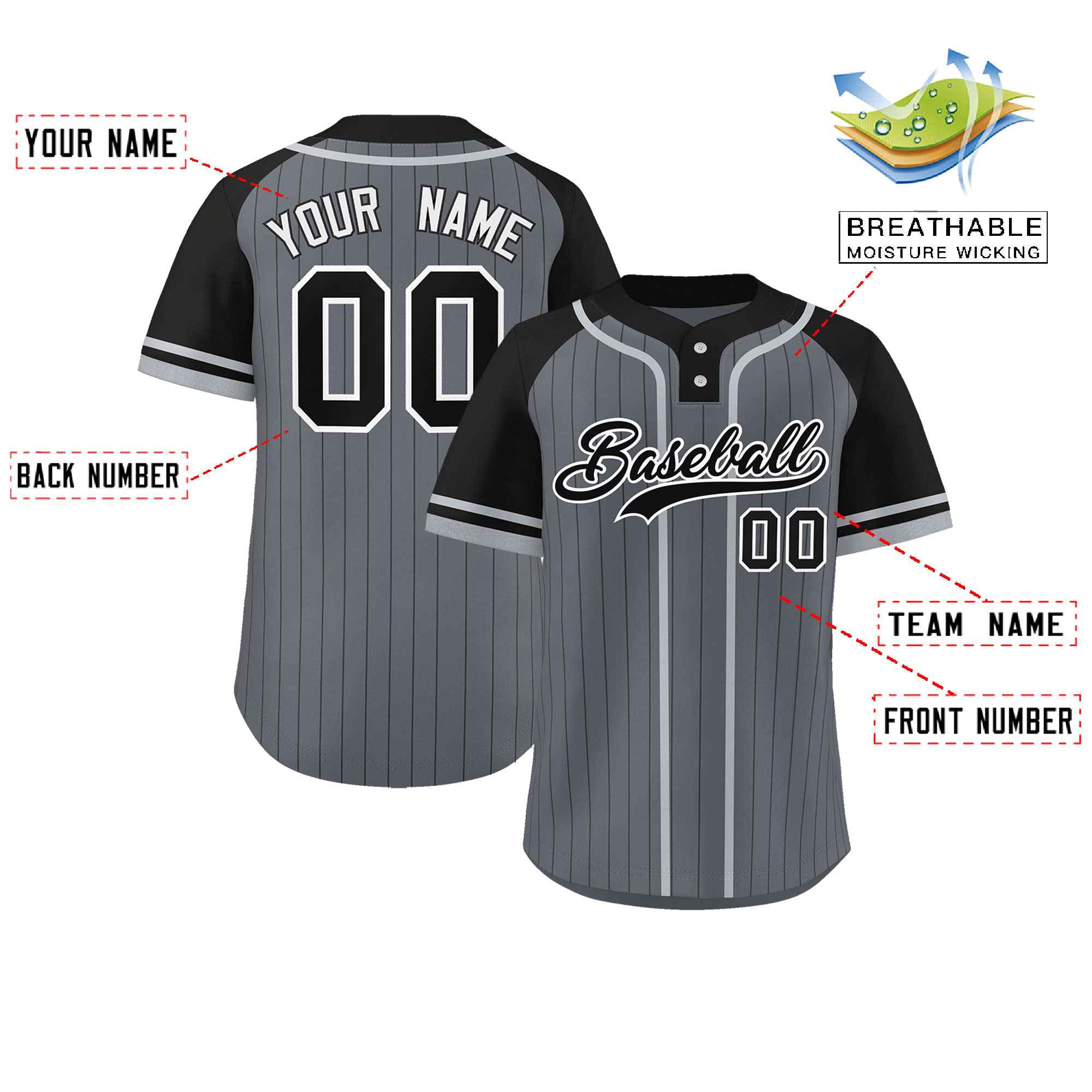 Custom Dark Gray Black-Gray Stripe Fashion Raglan Sleeves Authentic Two-Button Baseball Jersey