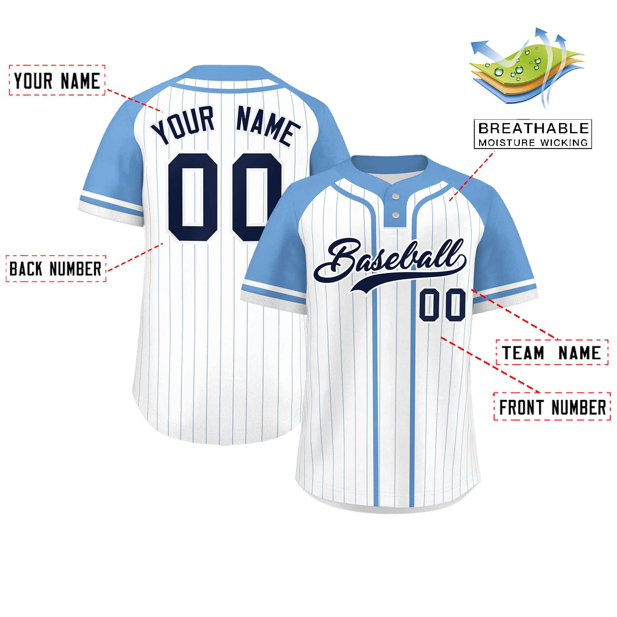 Custom White Light Blue Stripe Fashion Raglan Sleeves Authentic Two-Button Baseball Jersey