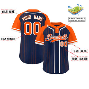 Custom Navy Orange-White Stripe Fashion Raglan Sleeves Authentic Two-Button Baseball Jersey