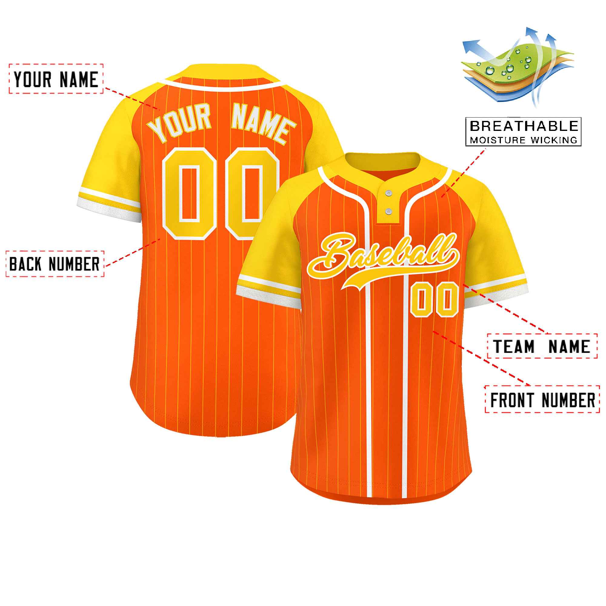 Custom Orange Gold-White Stripe Fashion Raglan Sleeves Authentic Two-Button Baseball Jersey