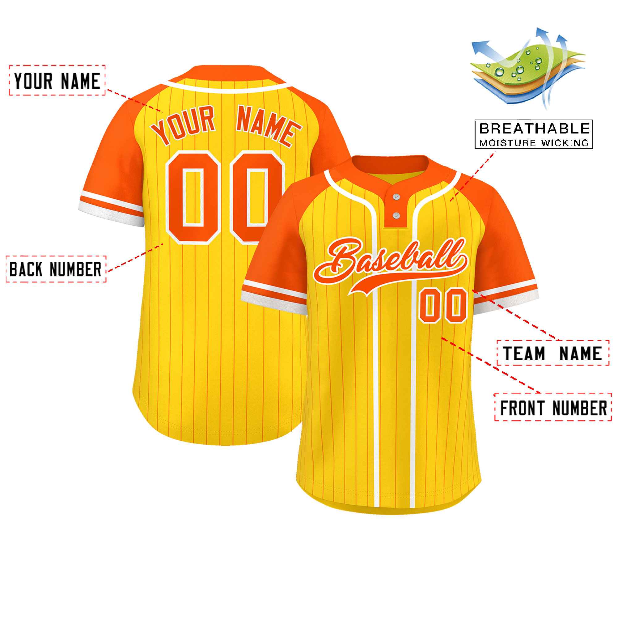 Custom Gold Orange-White Stripe Fashion Raglan Sleeves Authentic Two-Button Baseball Jersey