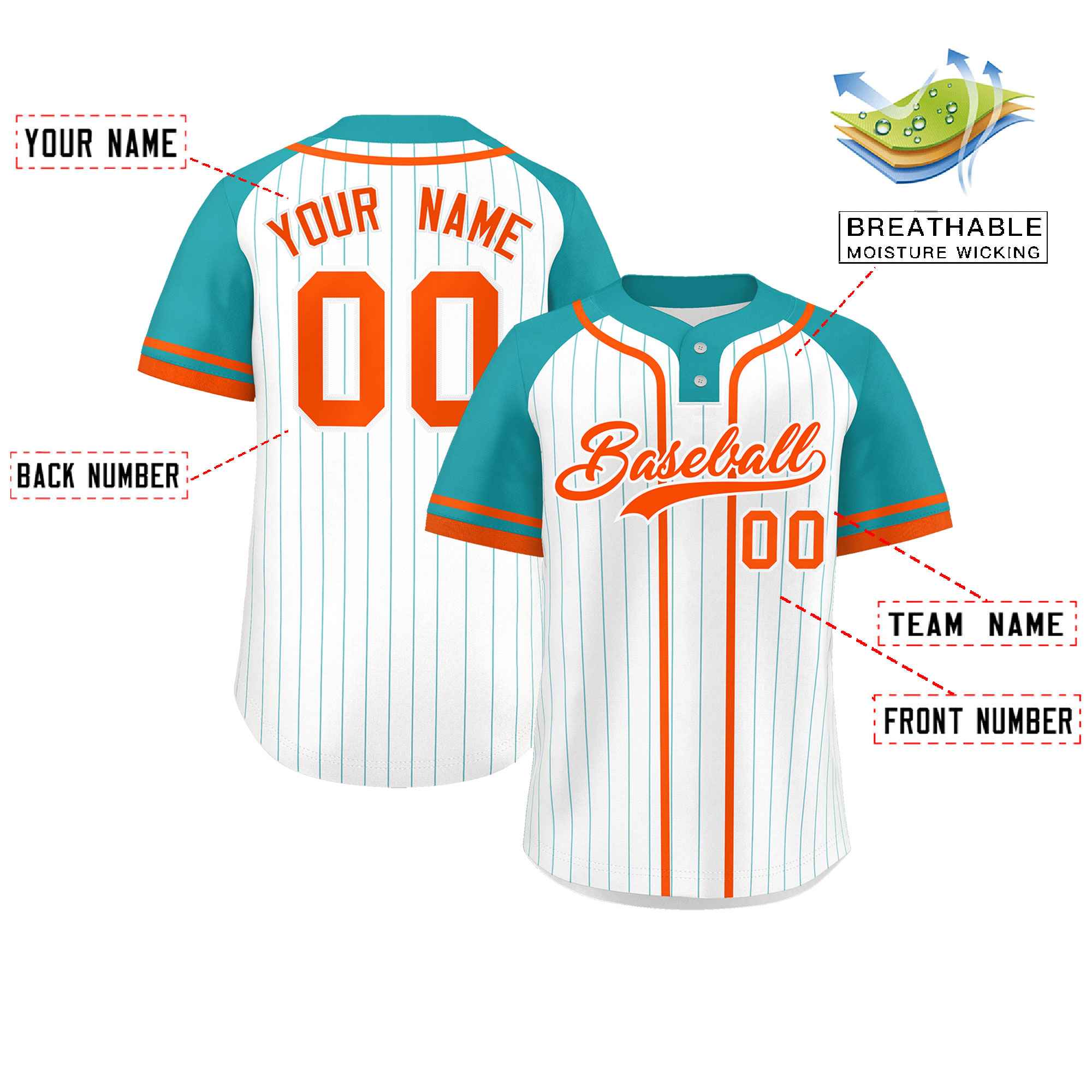 Custom White Aqua-Orange Stripe Fashion Raglan Sleeves Authentic Two-Button Baseball Jersey