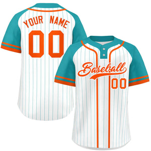 Custom White Aqua-Orange Stripe Fashion Raglan Sleeves Authentic Two-Button Baseball Jersey