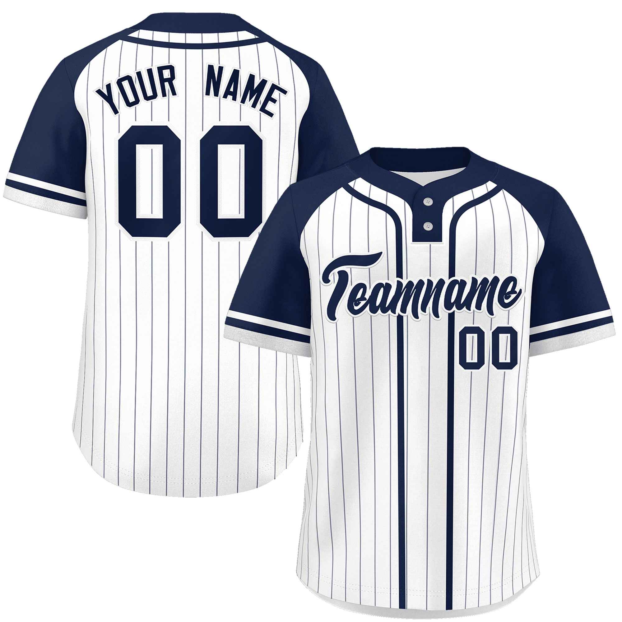 Custom White Navy Stripe Fashion Raglan Sleeves Authentic Two-Button Baseball Jersey