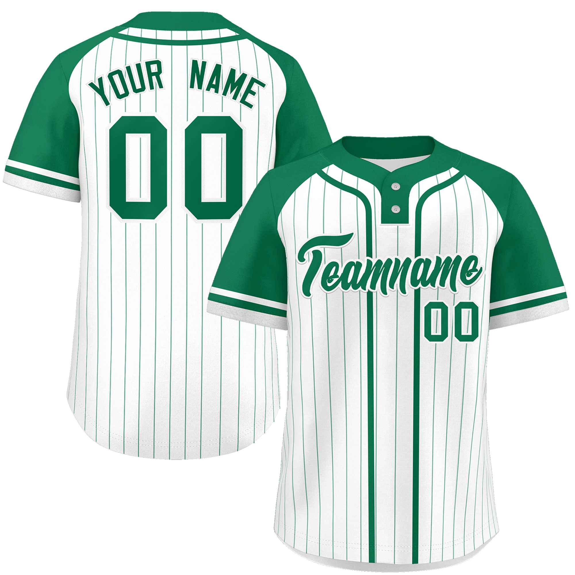 Custom White Kelly Green Stripe Fashion Raglan Sleeves Authentic Two-Button Baseball Jersey