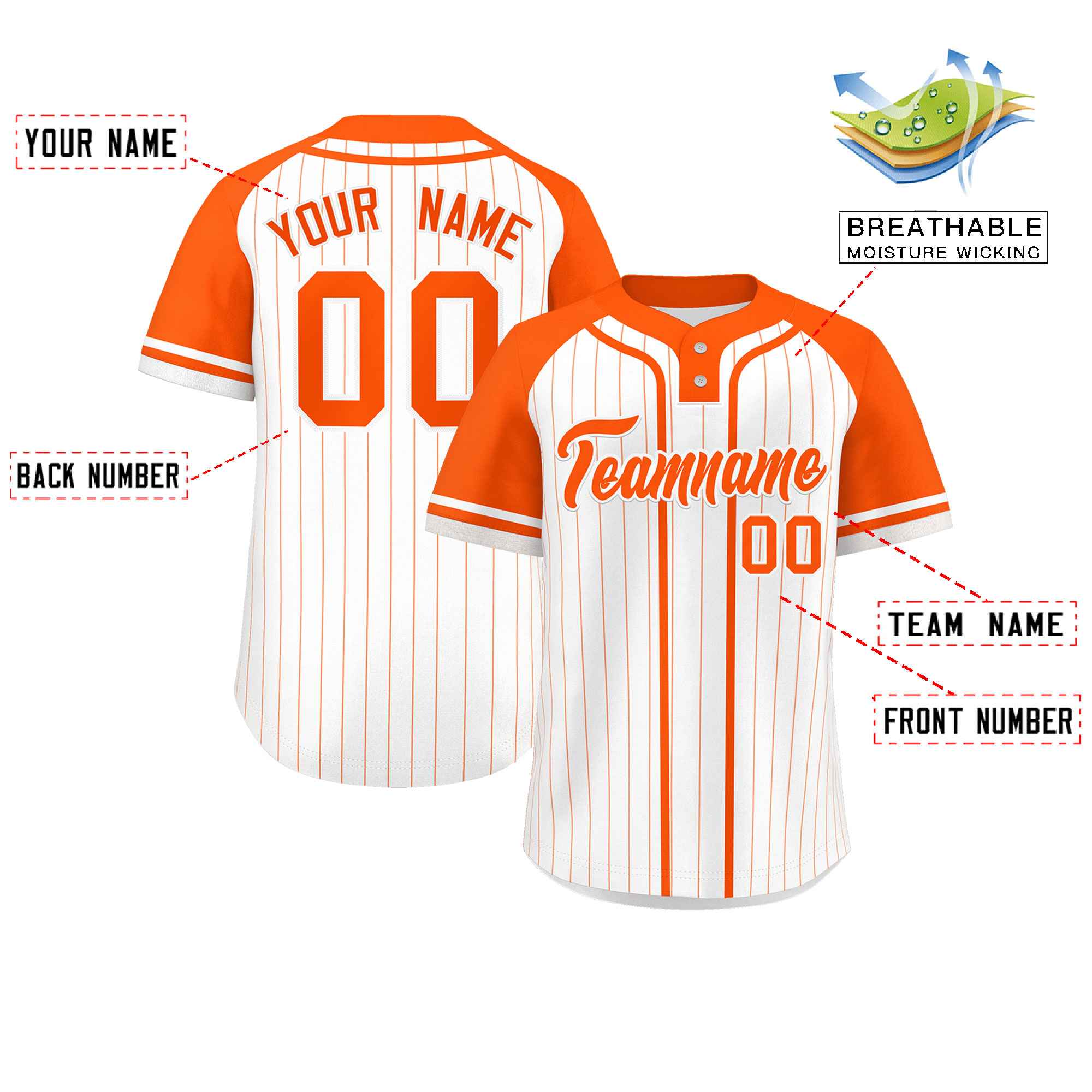 Custom White Orange Stripe Fashion Raglan Sleeves Authentic Two-Button Baseball Jersey