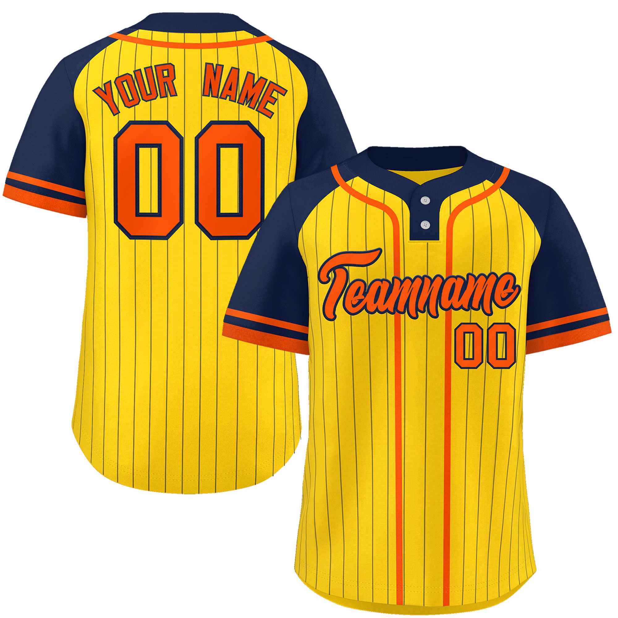 Custom Gold Navy-Orange Stripe Fashion Raglan Sleeves Authentic Two-Button Baseball Jersey