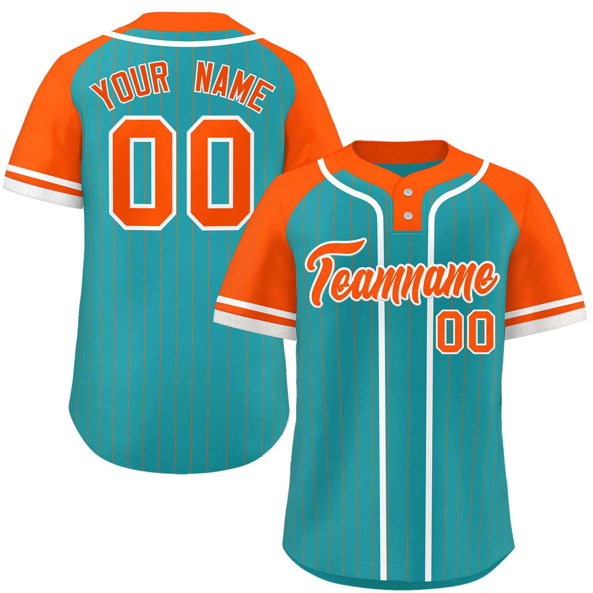 Custom Aqua Orange-White Stripe Fashion Raglan Sleeves Authentic Two-Button Baseball Jersey