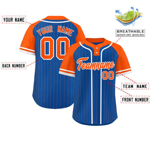 Custom Royal Orange-White Stripe Fashion Raglan Sleeves Authentic Two-Button Baseball Jersey