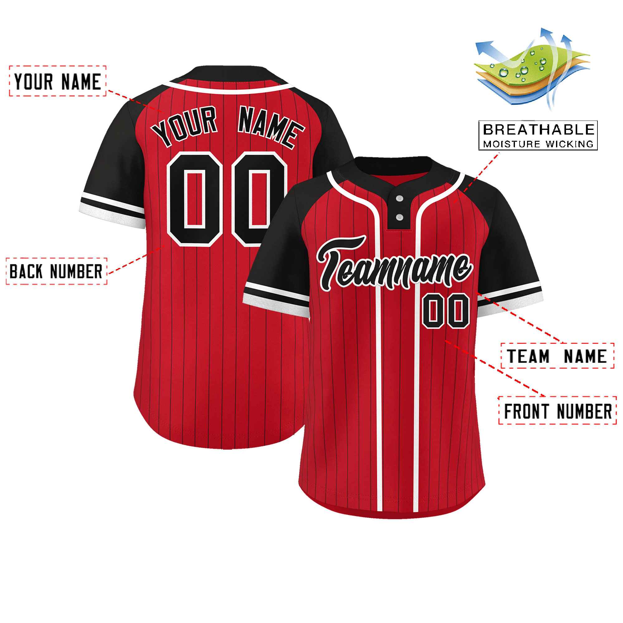 Custom Red Black-White Stripe Fashion Raglan Sleeves Authentic Two-Button Baseball Jersey