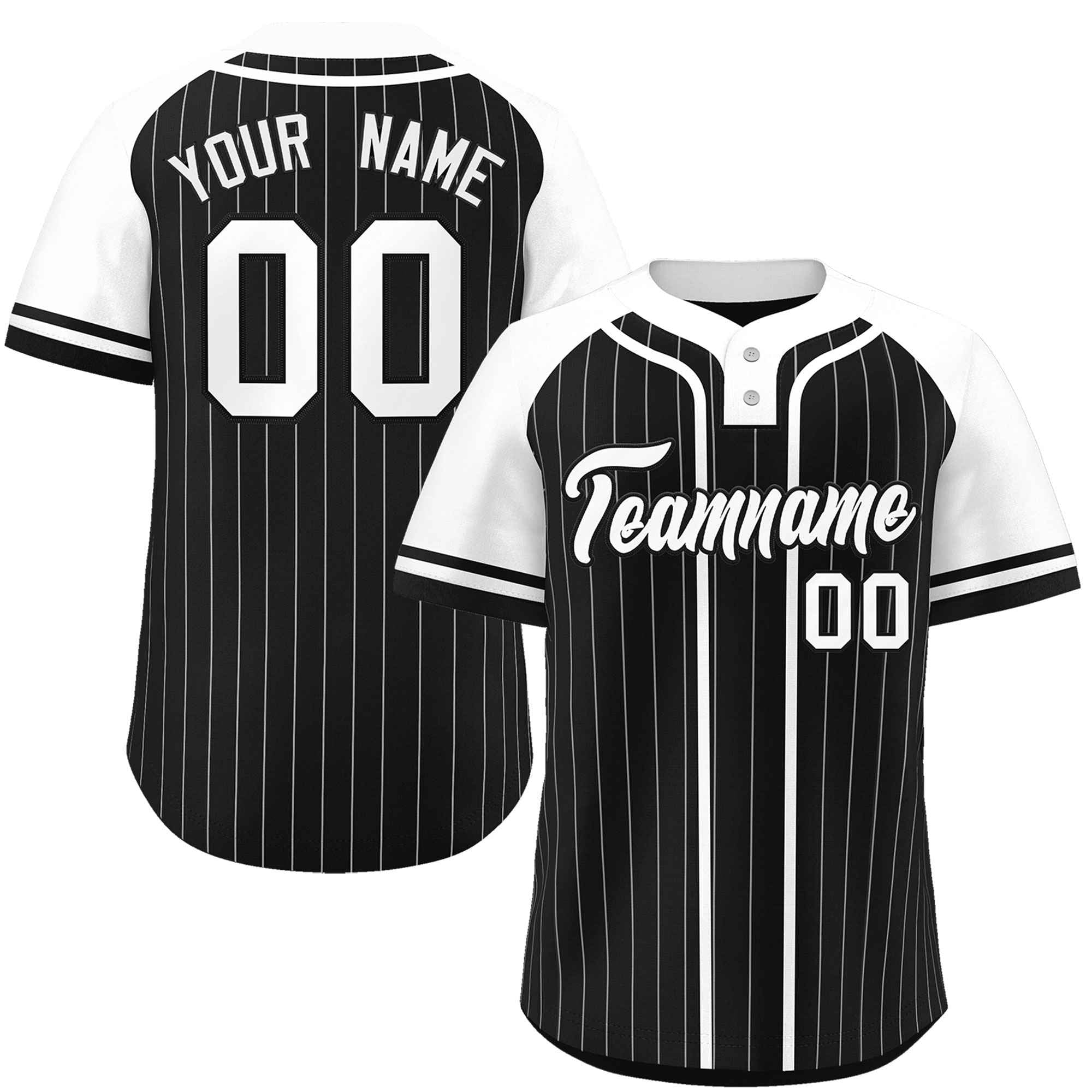 Custom Black White Stripe Fashion Raglan Sleeves Authentic Two-Button Baseball Jersey