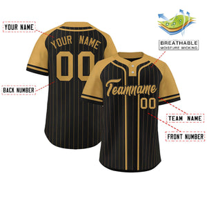 Custom Black Old Gold Stripe Fashion Raglan Sleeves Authentic Two-Button Baseball Jersey