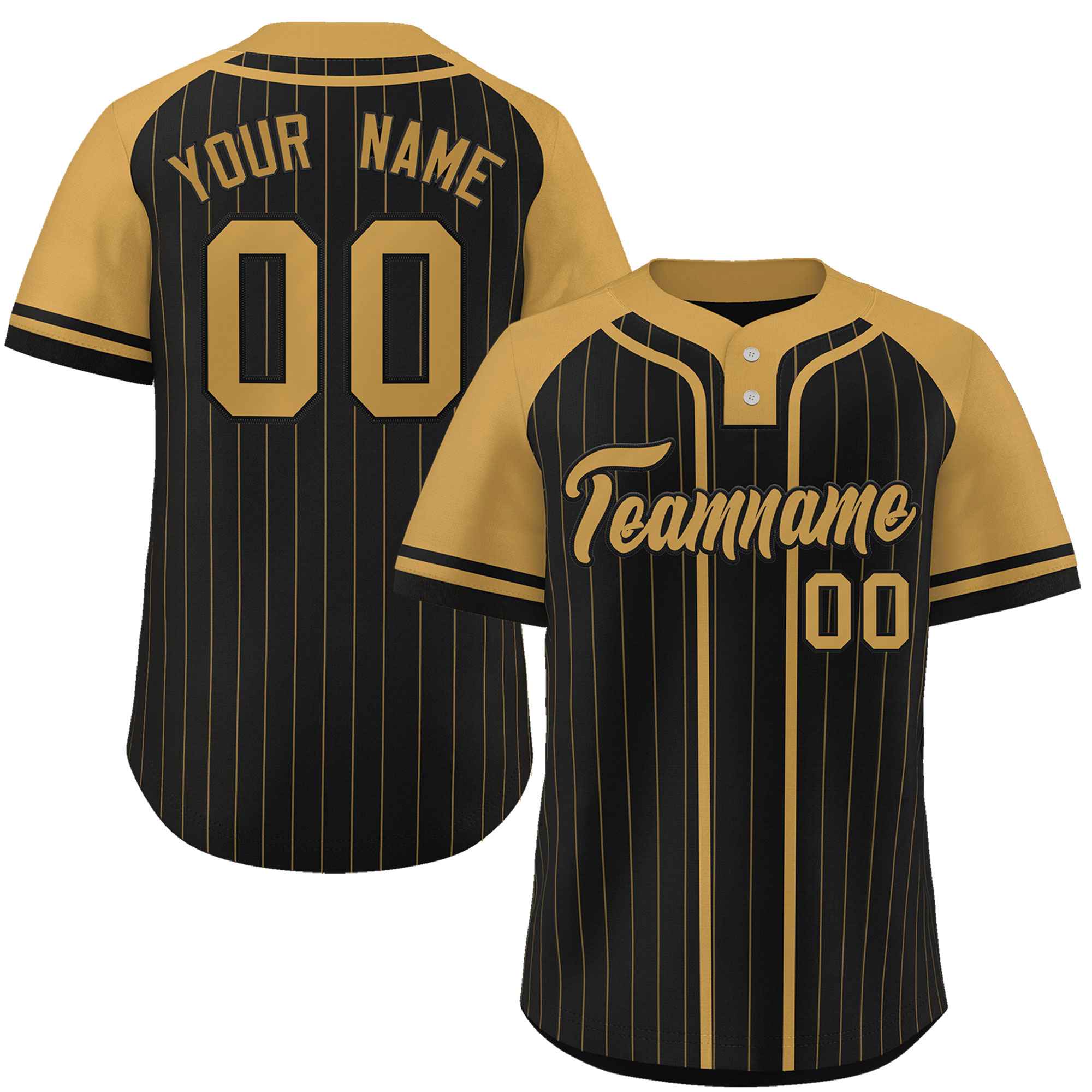 Custom Black Old Gold Stripe Fashion Raglan Sleeves Authentic Two-Button Baseball Jersey