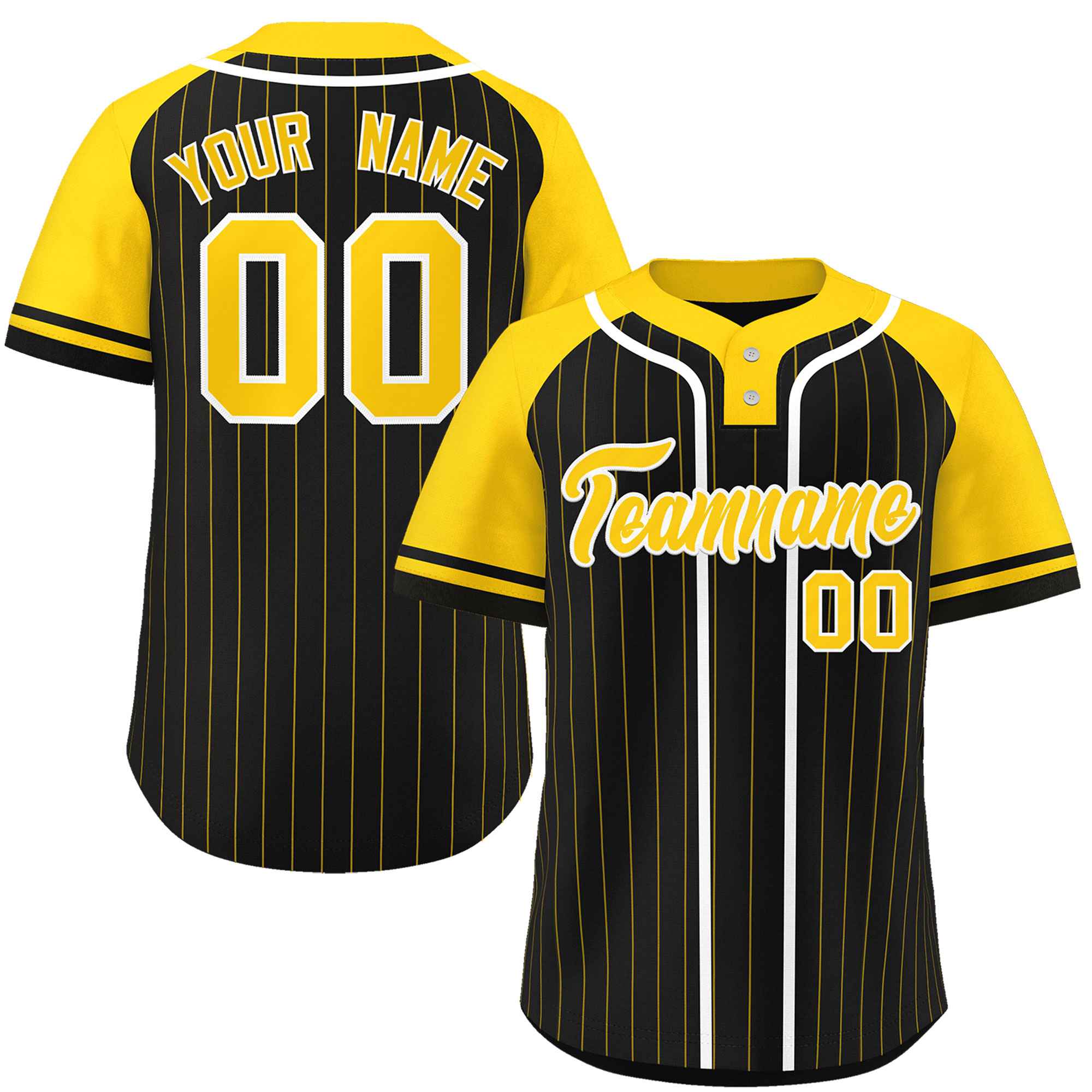 Custom Black Gold-White Stripe Fashion Raglan Sleeves Authentic Two-Button Baseball Jersey