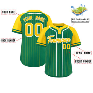 Custom Kelly Green Gold-White Stripe Fashion Raglan Sleeves Authentic Two-Button Baseball Jersey