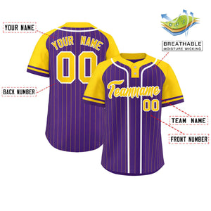 Custom Purple Gold-White Stripe Fashion Raglan Sleeves Authentic Two-Button Baseball Jersey