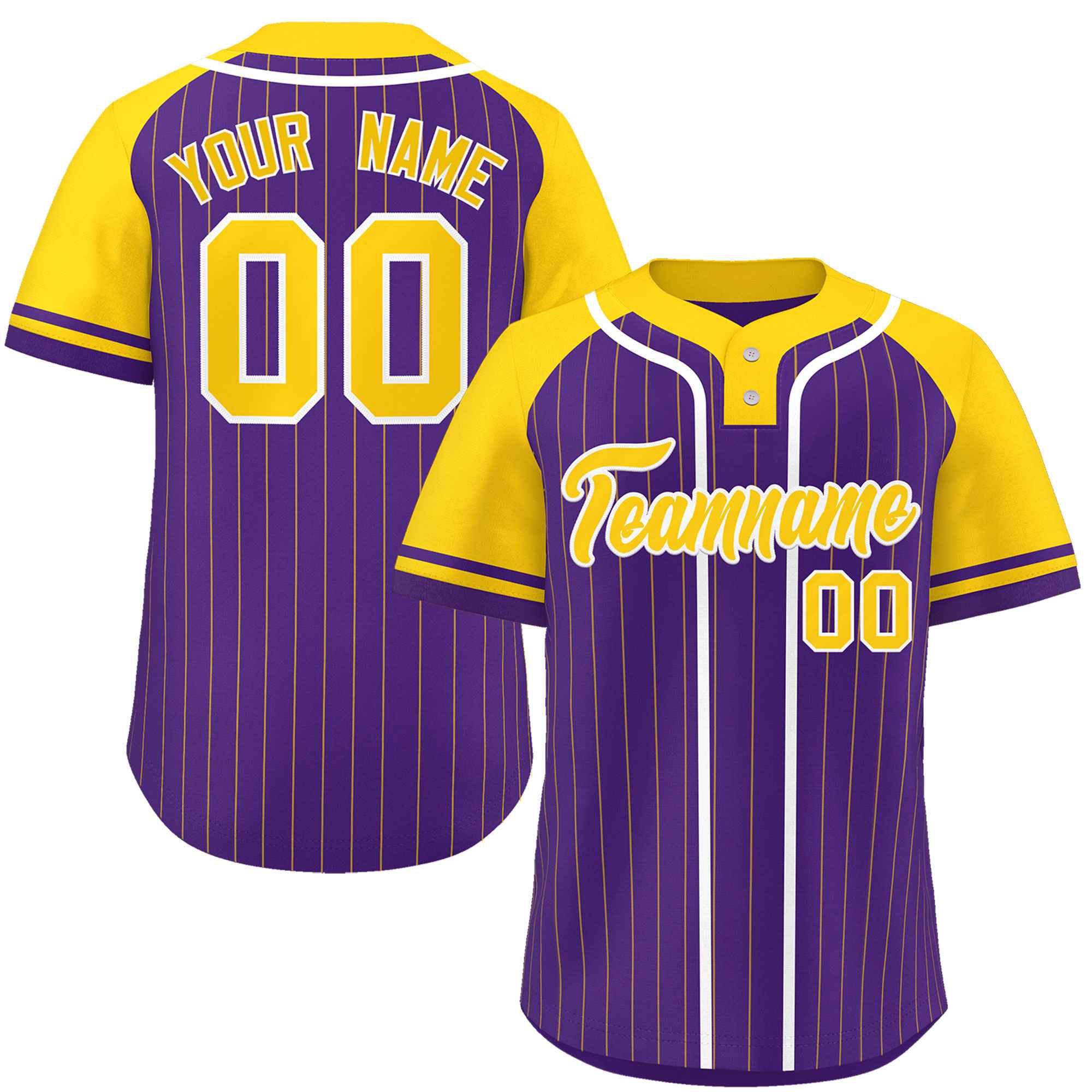 Custom Purple Gold-White Stripe Fashion Raglan Sleeves Authentic Two-Button Baseball Jersey