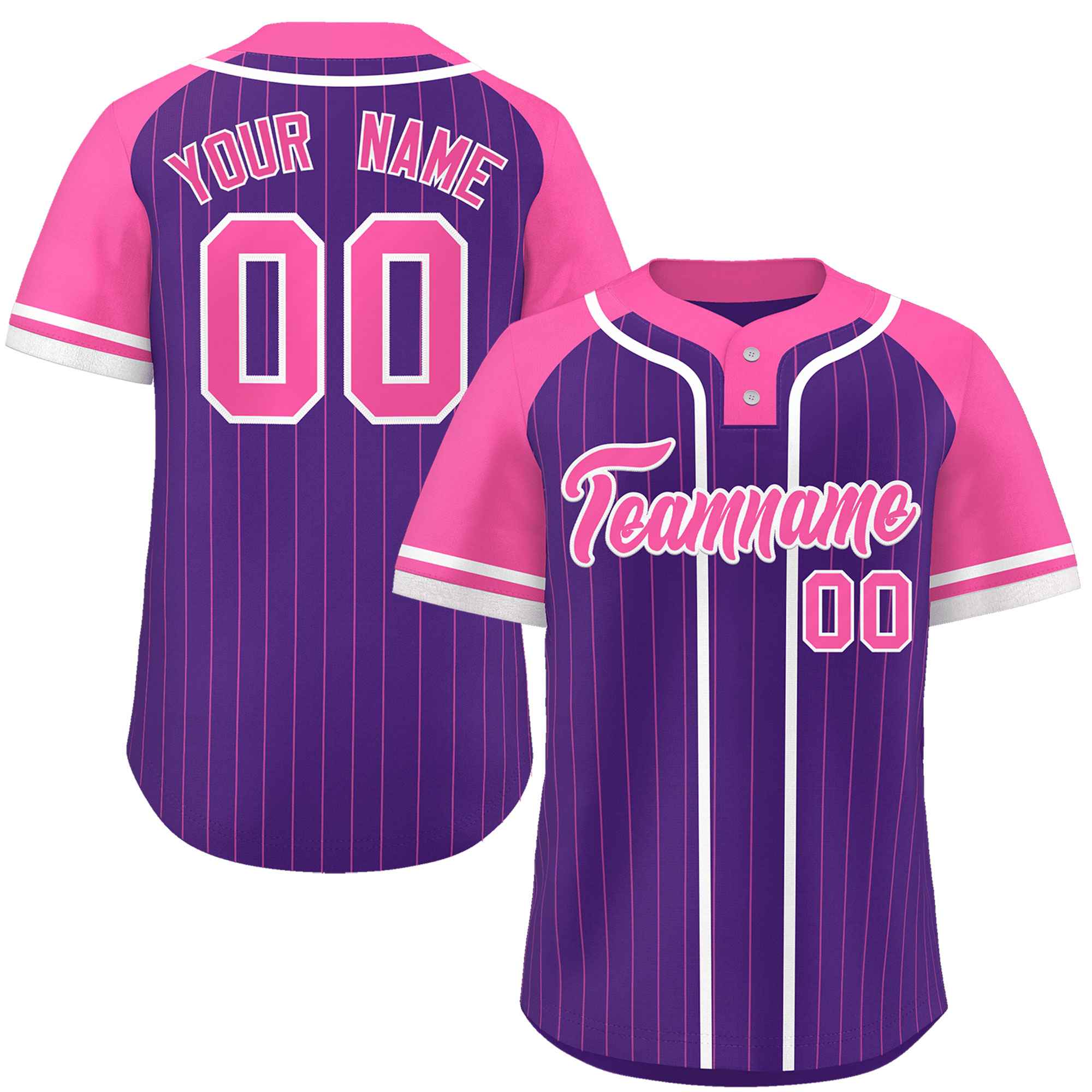 Custom Purple Pink-White Stripe Fashion Raglan Sleeves Authentic Two-Button Baseball Jersey