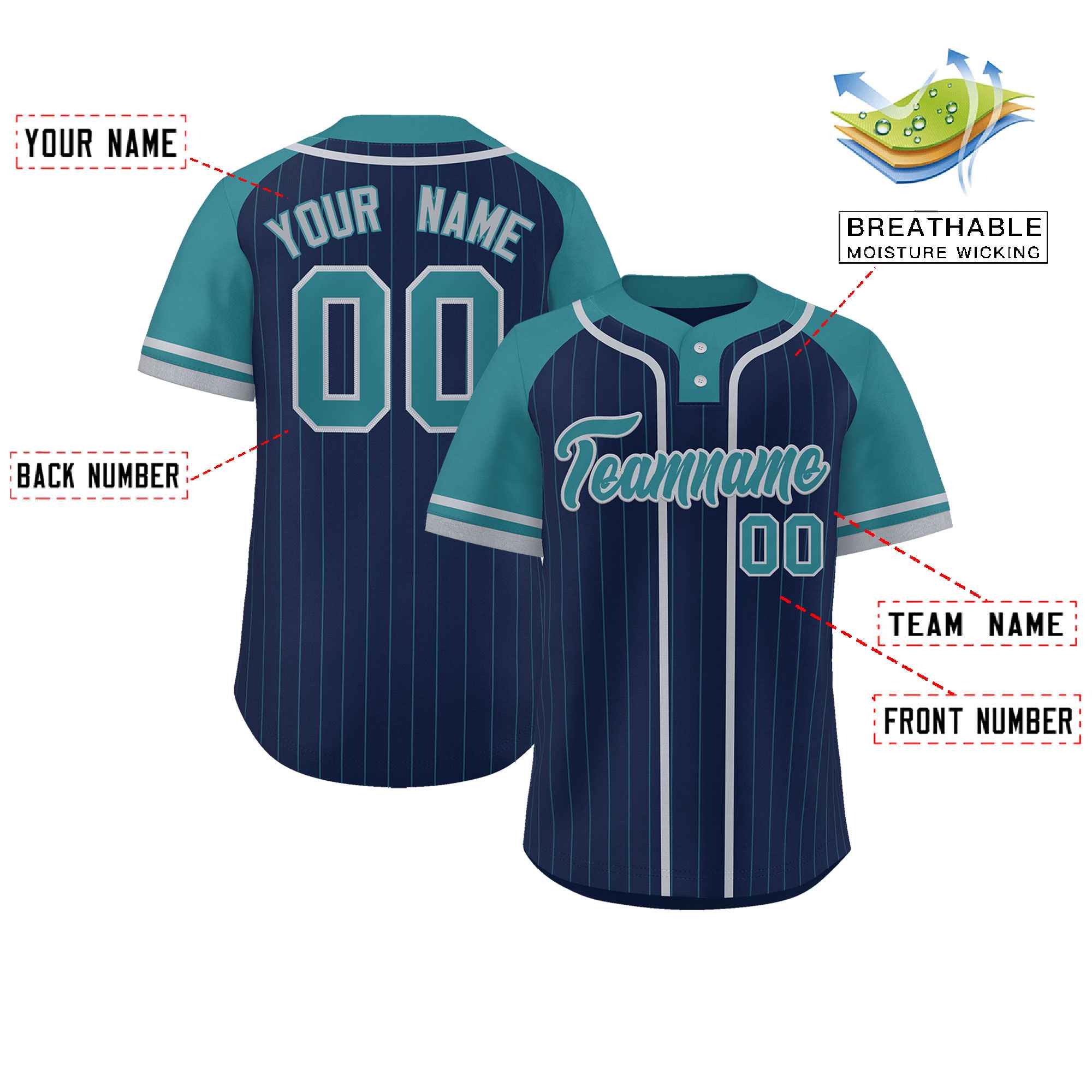 Custom Navy Aqua-Gray Stripe Fashion Raglan Sleeves Authentic Two-Button Baseball Jersey