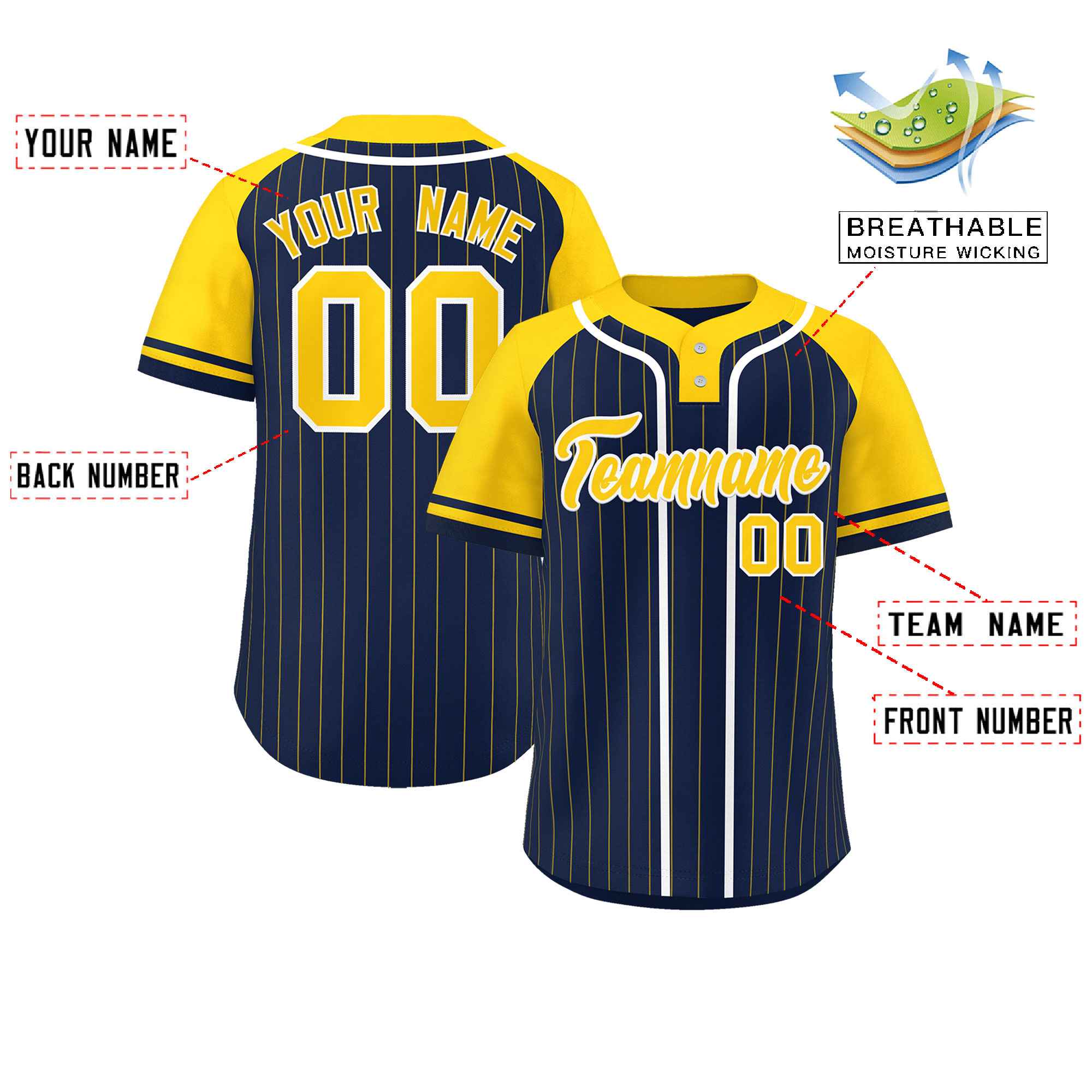 Custom Navy Gold-White Stripe Fashion Raglan Sleeves Authentic Two-Button Baseball Jersey