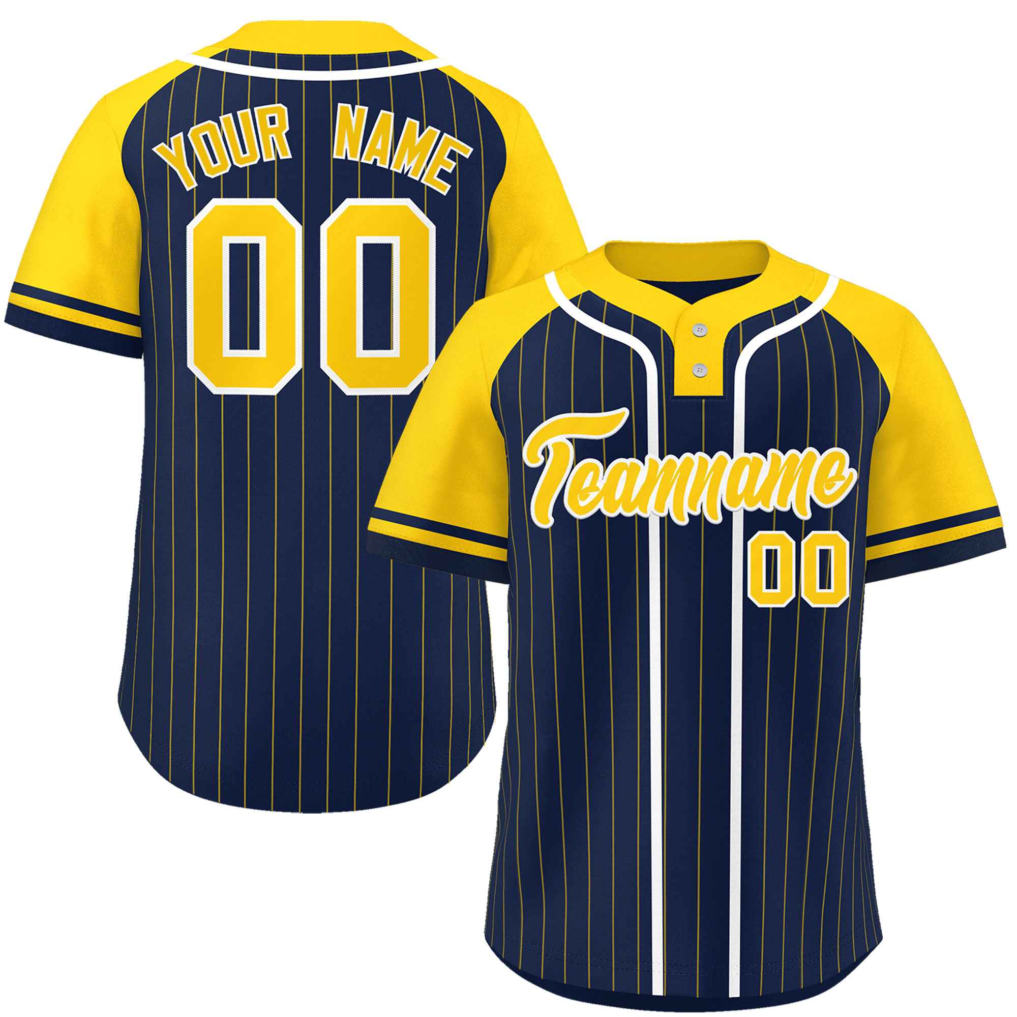 Custom Navy Gold-White Stripe Fashion Raglan Sleeves Authentic Two-Button Baseball Jersey