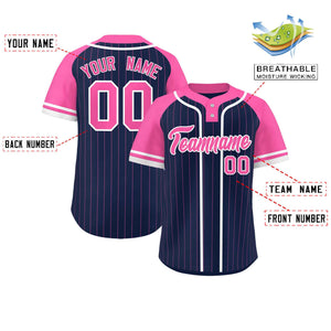 Custom Navy Pink-White Stripe Fashion Raglan Sleeves Authentic Two-Button Baseball Jersey