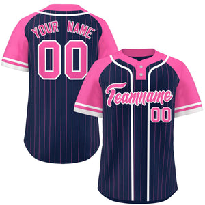 Custom Navy Pink-White Stripe Fashion Raglan Sleeves Authentic Two-Button Baseball Jersey