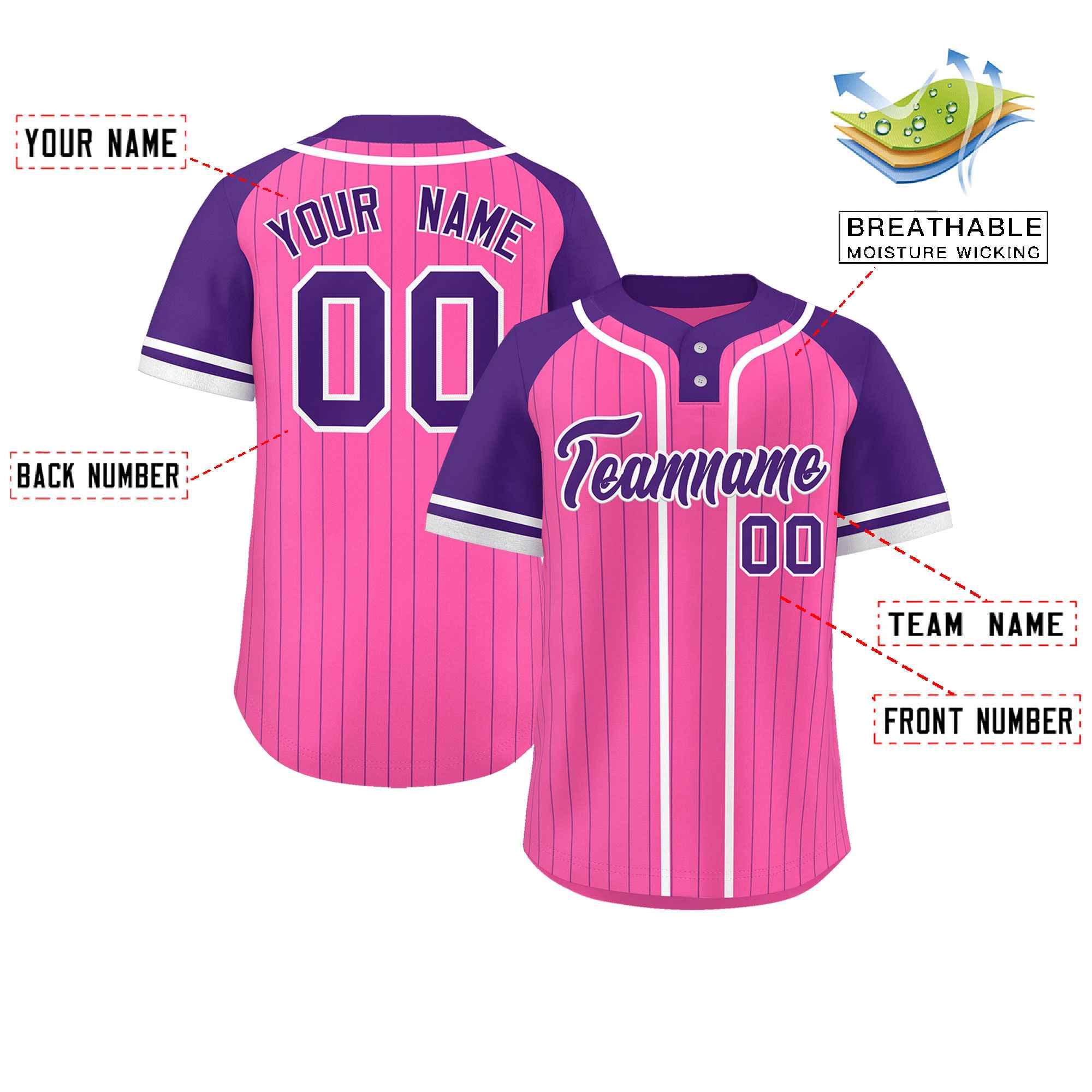 Custom Pink Purple-White Stripe Fashion Raglan Sleeves Authentic Two-Button Baseball Jersey