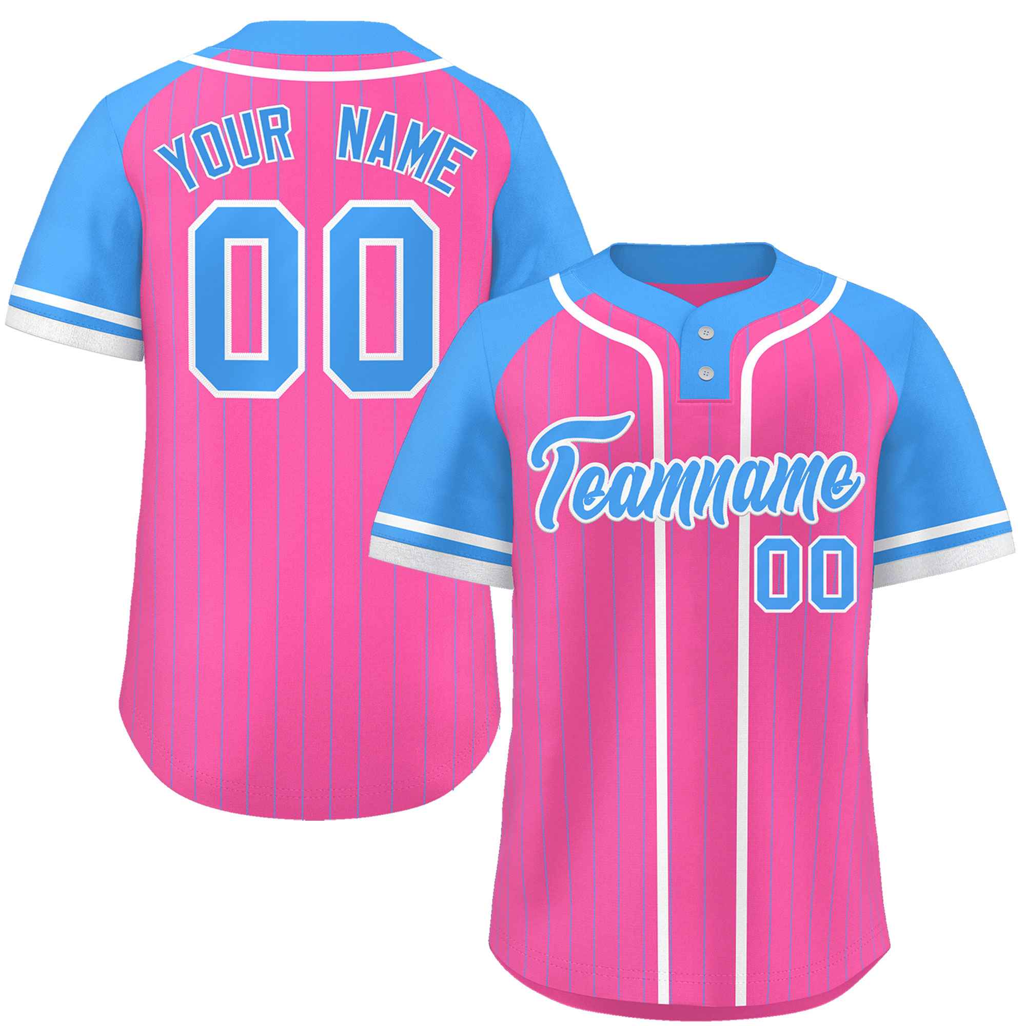 Custom Pink Powder Blue-White Stripe Fashion Raglan Sleeves Authentic Two-Button Baseball Jersey