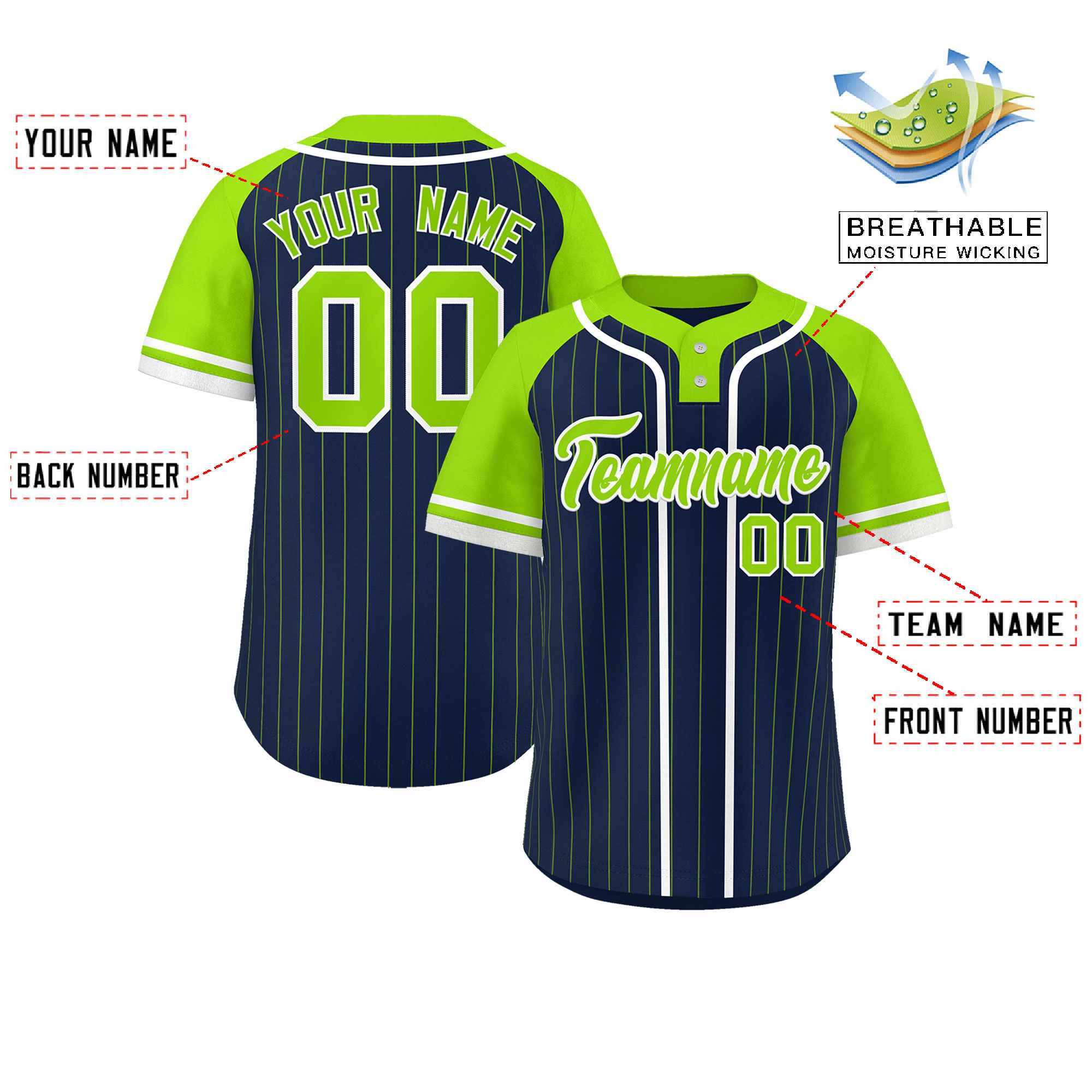 Custom Navy Neon Green-White Stripe Fashion Raglan Sleeves Authentic Two-Button Baseball Jersey