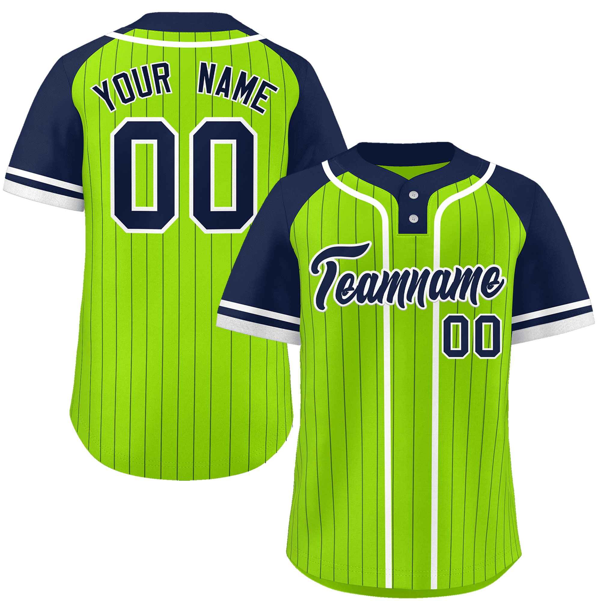 Custom Neon Green Navy-White Stripe Fashion Raglan Sleeves Authentic Two-Button Baseball Jersey