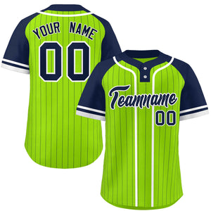 Custom Neon Green Navy-White Stripe Fashion Raglan Sleeves Authentic Two-Button Baseball Jersey