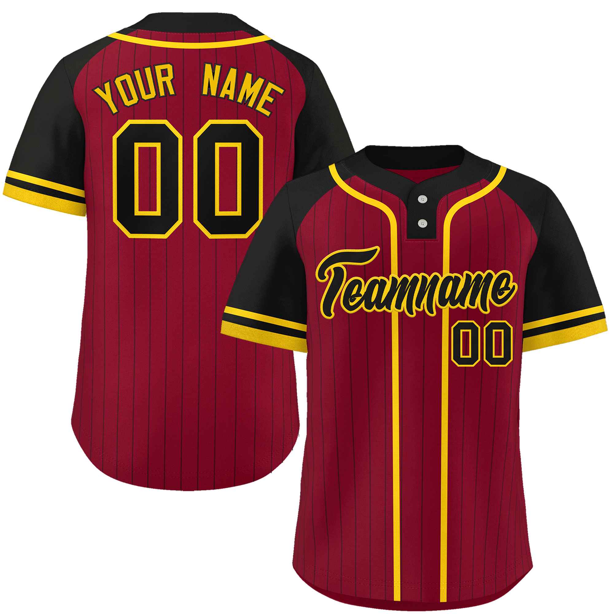 Custom Crimson Black-Gold Stripe Fashion Raglan Sleeves Authentic Two-Button Baseball Jersey