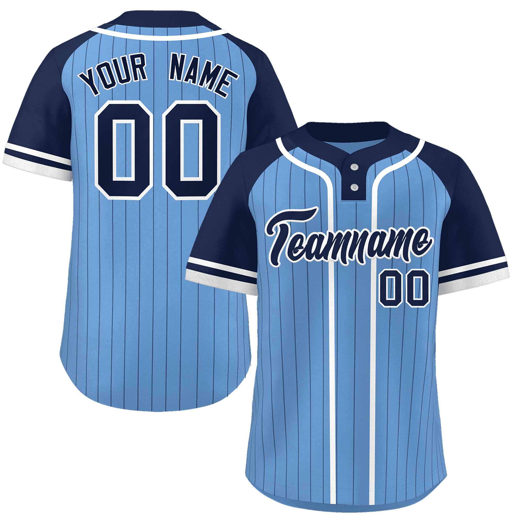 Custom Light Blue Navy-White Stripe Fashion Raglan Sleeves Authentic Two-Button Baseball Jersey