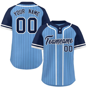 Custom Light Blue Navy-White Stripe Fashion Raglan Sleeves Authentic Two-Button Baseball Jersey