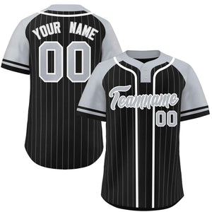 Custom Black Gray-White Stripe Fashion Raglan Sleeves Authentic Two-Button Baseball Jersey