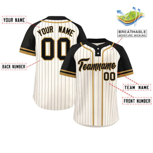 Custom Cream Black-Old Gold Stripe Fashion Raglan Sleeves Authentic Two-Button Baseball Jersey